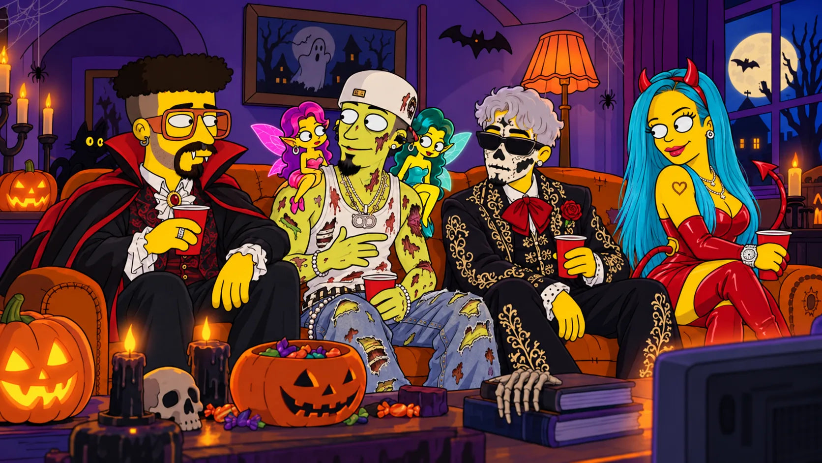 Bad Bunny, Omar Courtz, Tainy y Karol G en una fiesta de Halloween